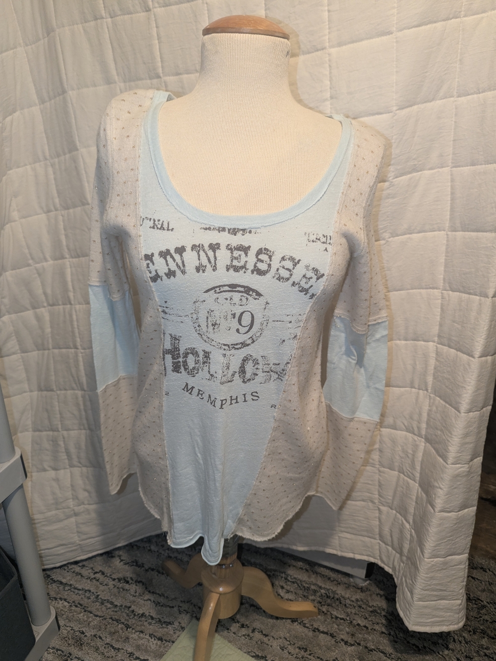 We The Free Light Blue Graphic Scoop Neck Long Sleeve Top